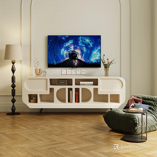 Modern White TV Stand In Living Room With TV And Decor 3d model 