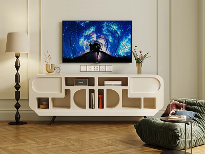 Modern White TV Stand In Living Room With TV And Decor 3d model