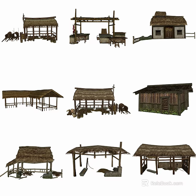 Traditional Rustic Wooden Buildings With Thatched Roofs And Rural Design Elements 3d model 