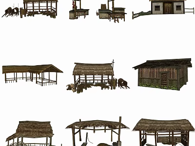 Traditional Rustic Wooden Buildings With Thatched Roofs And Rural Design Elements 3d model