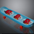 Blue Skateboard With Three Red Cartoon Car Patterns And Red Wheels