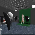 Public Office Space Featuring Green Backdrop Photography Lights Reflectors Tables Chairs And Blue Carpet