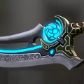 Ornate Decorative Weapon With Blue Accents Intricate Patterns And Wooden Handle