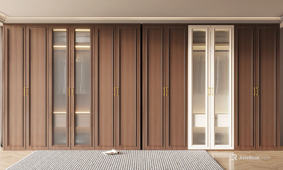 Modern Wooden Brown Wardrobe Interior Design With Glass Doors And Golden Handles 3d model 