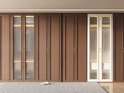 Modern Wooden Brown Wardrobe Interior Design With Glass Doors And Golden Handles 3d model
