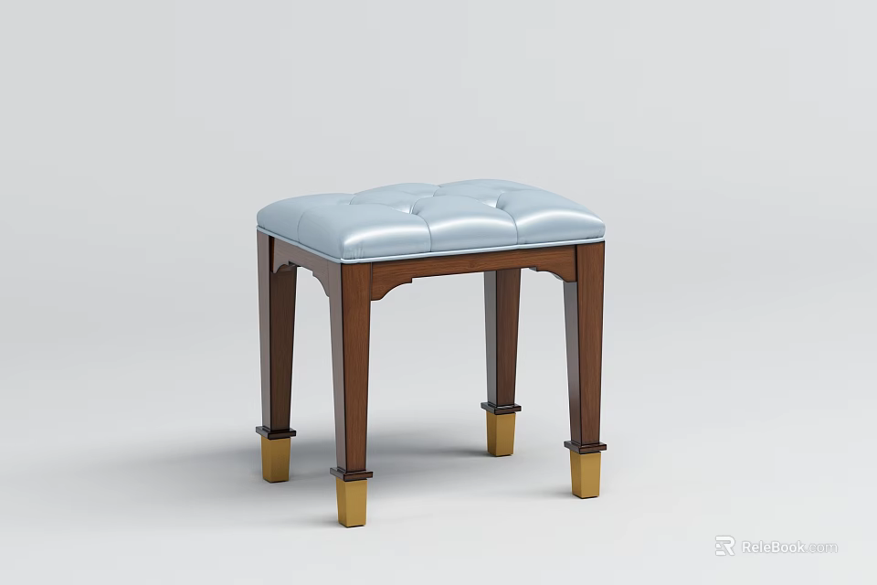 Tufted Blue Upholstered Stool With Wooden Legs And Golden Feet Design 3d model 