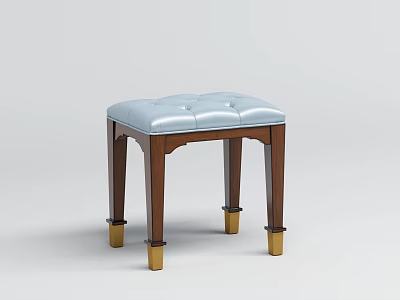Tufted Blue Upholstered Stool With Wooden Legs And Golden Feet Design 3d model