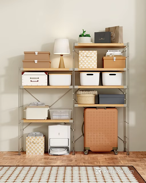 Storage Shelving Unit with Metal Frame Multiple Tiers and Various Colored Storage Boxes 3d model