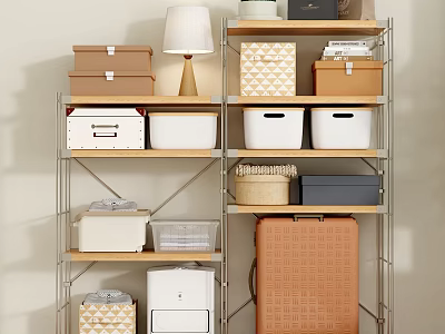 Storage Shelving Unit with Metal Frame Multiple Tiers and Various Colored Storage Boxes 3d model