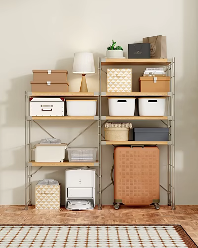 Storage Shelving Unit with Metal Frame Multiple Tiers and Various Colored Storage Boxes 3d model