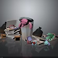 Everyday Household Items Including Pink Trash Can Books Glasses Shoes And Toys