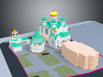 Cartoon Scene Featuring Green And White Buildings With Golden Domes Lawns And Light Cube Structure 3d model