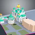 Cartoon Scene Featuring Green And White Buildings With Golden Domes Lawns And Light Cube Structure