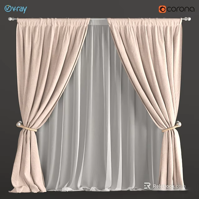 Elegant Light Pink Velvet Curtains With White Sheer Lining Pleated Top And Tied Sides 3d model 