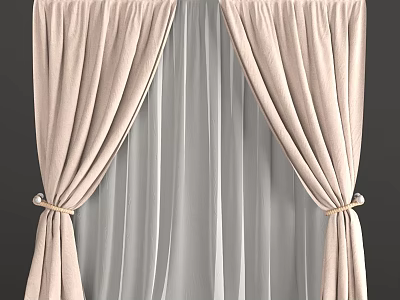 Elegant Light Pink Velvet Curtains With White Sheer Lining Pleated Top And Tied Sides 3d model