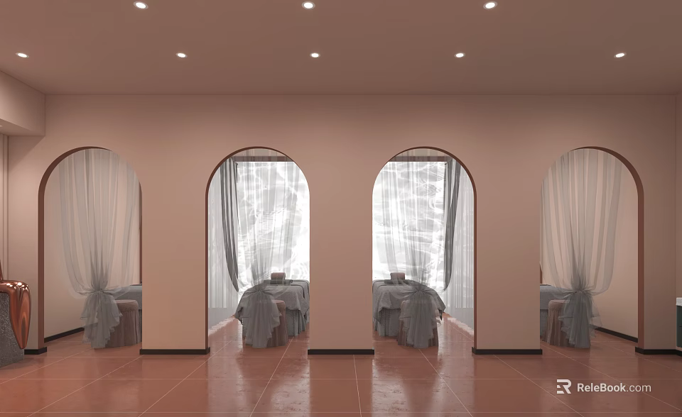 Boutique Store With Arched Doorways White Cloth Covered Furniture Brown Tiled Floor And Recessed Lights 3d model 