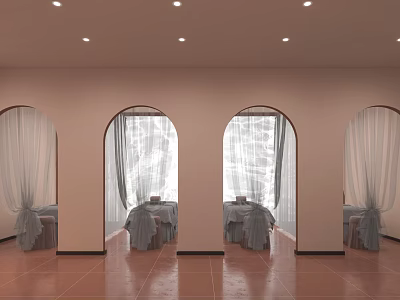 Boutique Store With Arched Doorways White Cloth Covered Furniture Brown Tiled Floor And Recessed Lights 3d model