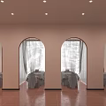 Boutique Store With Arched Doorways White Cloth Covered Furniture Brown Tiled Floor And Recessed Lights