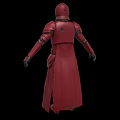 Red Armored Game Movie Character With Long Robe Helmet And Black Gloves