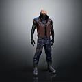 Bald Man in Dark Brown Vest Dark Pants Black Gloves and Boots Against Gray Background
