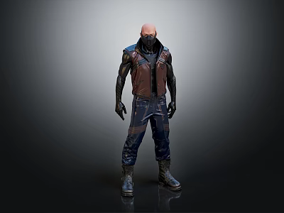 Bald Man in Dark Brown Vest Dark Pants Black Gloves and Boots Against Gray Background 3d model