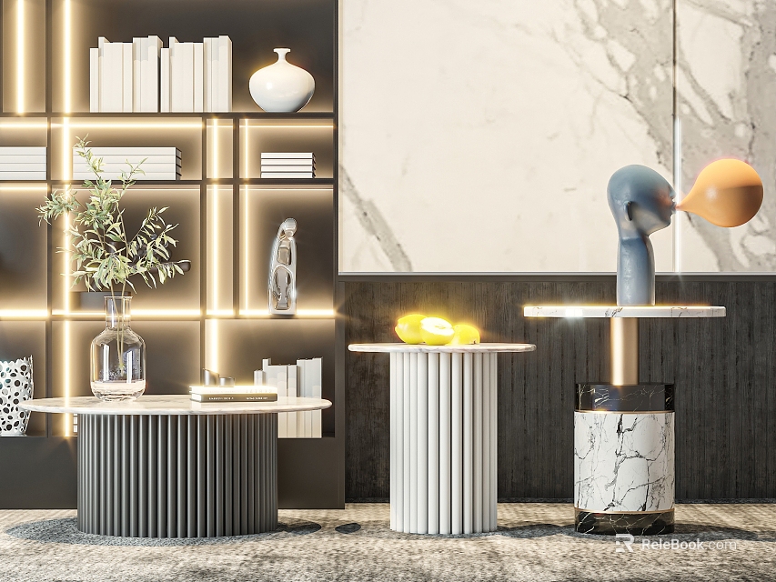 Modern Coffee Tables With Textured Bases Green Plants And Warm Lighting Near Bookshelves 3d model 