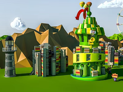Cartoon Scene With Green Yellow Tower Balloons Red Arrow Gray Buildings Lighthouse And Mountains 3d model