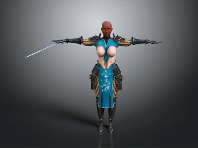 Woman With Bald Head In Blue And Gold Patterned Outfit Holding Sword With Arms Outstretched 3d model