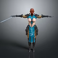 Woman With Bald Head In Blue And Gold Patterned Outfit Holding Sword With Arms Outstretched
