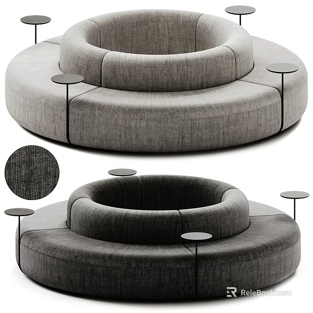 Gray Circular Multi Person Fabric Sofa With Modern Design And Small Round Side Tables 3d model 