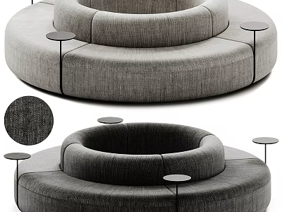 Gray Circular Multi Person Fabric Sofa With Modern Design And Small Round Side Tables 3d model