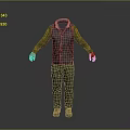3D Character Model Wearing Dark Jacket Green Pants With Red Hands On Gray Background