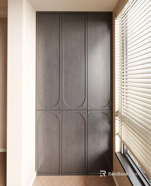 Modern Wooden Wardrobe With Paneled Doors And Metal Handles Near Window With Natural Light 3d model 