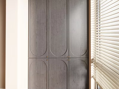 Modern Wooden Wardrobe With Paneled Doors And Metal Handles Near Window With Natural Light 3d model