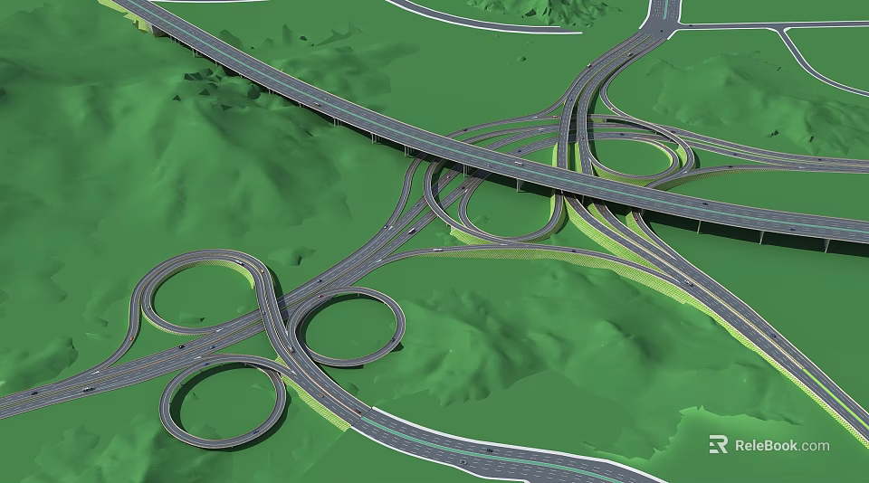 Complex Bridge Interchange With Circular Ramps And Green Mountainous Landscape 3d model 
