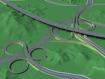 Complex Bridge Interchange With Circular Ramps And Green Mountainous Landscape 3d model