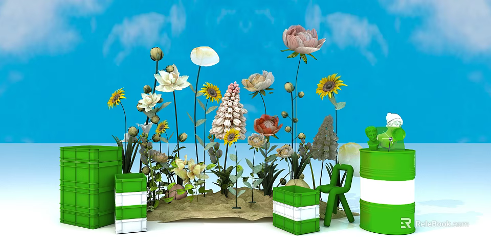 Vibrant Flower Display With Green Barrels Boxes And Blue Sky 3d model 