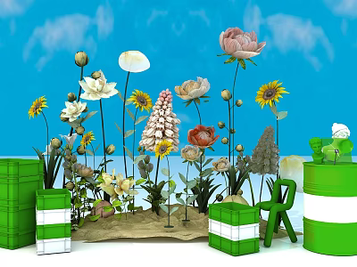 Vibrant Flower Display With Green Barrels Boxes And Blue Sky 3d model
