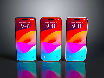 Three Modern Smartphones With Colorful Screen Display And Digital Clock Design 3d model