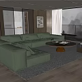 Modern Living Room With Green Leather Sofa Coffee Table Large Window Wooden Floor And Rug