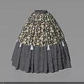 Floral Print Full Skirt with Black Yellow Pattern Gray Bottom Hem and White Tassels