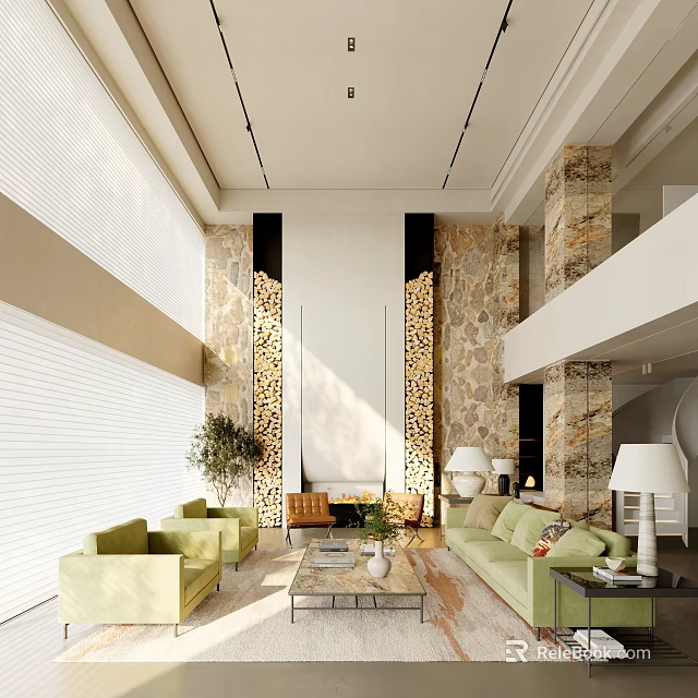 Modern Duplex Living Room With Green Sofas High Ceiling And Stone Walls 3d model