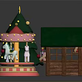 Christmas Scene Elements With Decorated Tree Lighted Wooden Cabin And Colorful Carousel