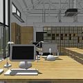 Public Office Space With Wooden Desks Computers Bookshelves Hanging Lights And Open Layout