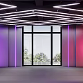 Modern Internet Cafe Interior With Neon Ceiling Lights Purple Lighting And Glass Door