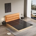 Double Bed Orange Headboard Gray Pillows Dark Blanket Side Nightstand Table Lamp Modern Wall Art