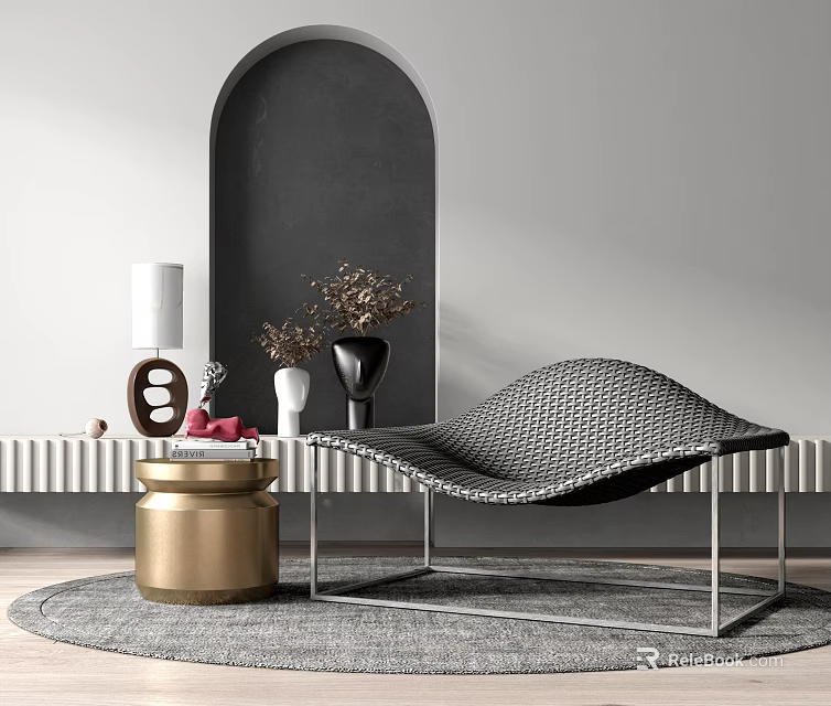 Modern Woven Texture Lounge Chair with Metal Frame Golden Stool Gray Rug and White Lamp 3d model 