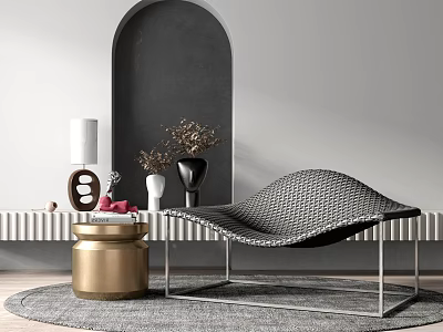 Modern Woven Texture Lounge Chair with Metal Frame Golden Stool Gray Rug and White Lamp 3d model