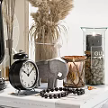 Decorative Ornament Set With Black Lantern Alarm Clock Elephant Figurine And Dried Pampas Grass