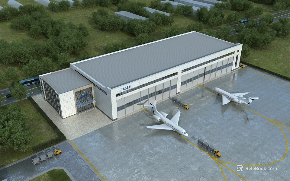 Industrial Factory Building With Aircraft On Tarmac And Metal Roof Structure 3d model 